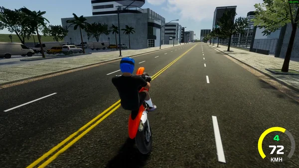 SoFlo Wheelie Life gameplay showing motorcycle rider balancing a wheelie on Miami streets